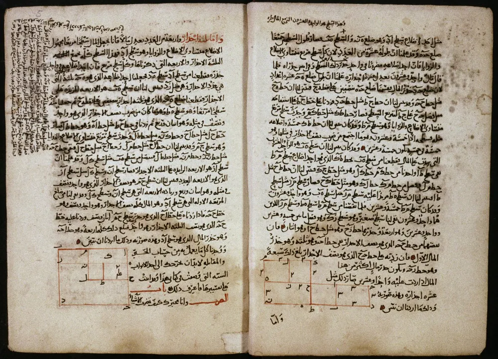 Two pages of an Arabic manuscript in black ink, with square diagrams drawn in red at the bottom of each page