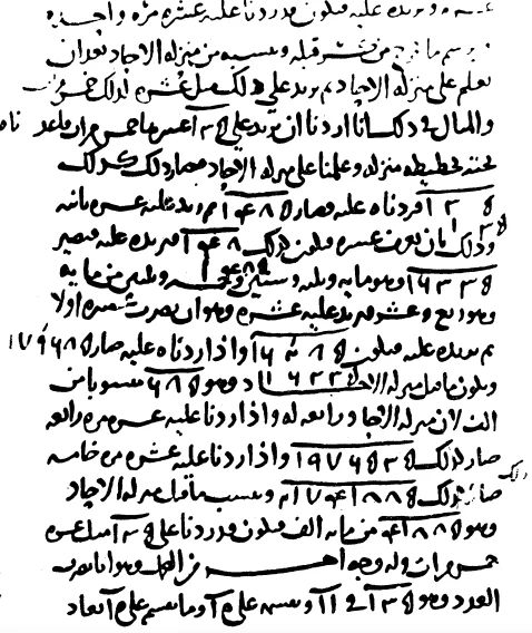 A page of Arabic handwriting with rows of Indian numerals; in one line a small mark above a digit separates whole part from fraction