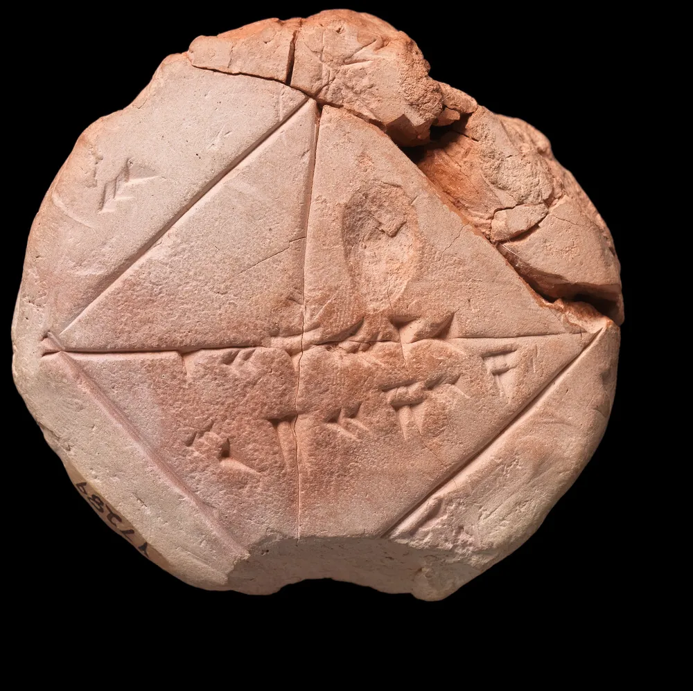 A small round clay tablet with a square and its two diagonals scratched into it, and rows of wedge-shaped numbers along the diagonal