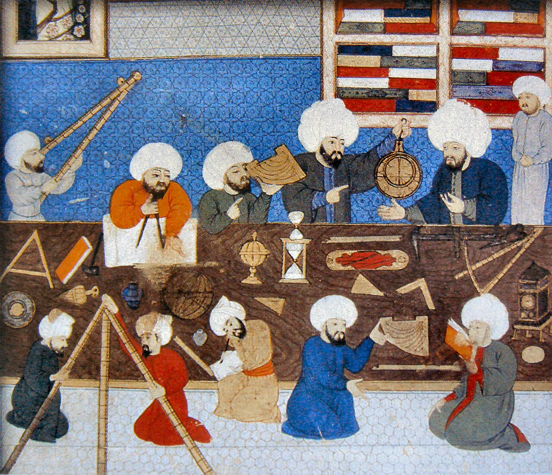 An Ottoman miniature: astronomers in white turbans at a long table covered with instruments — an astrolabe, a globe, an hourglass, quadrants, compasses